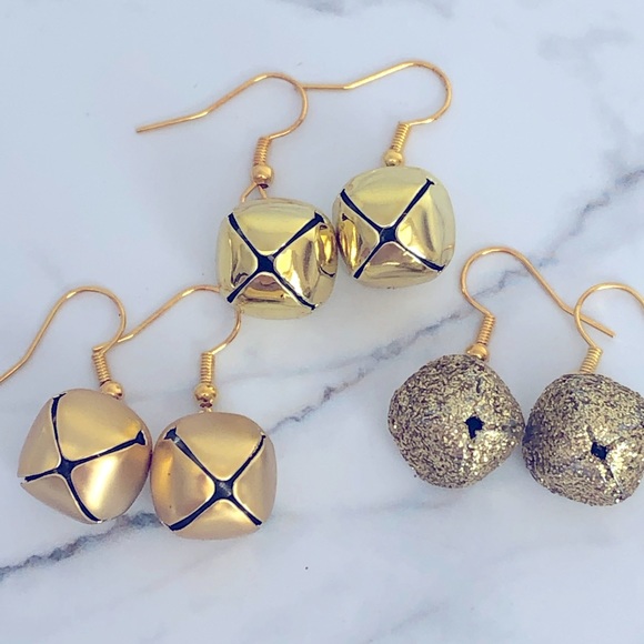 New Gold Jingle Bell Christmas Holiday Hand Crafted Earrings Different Textures - Picture 1 of 11